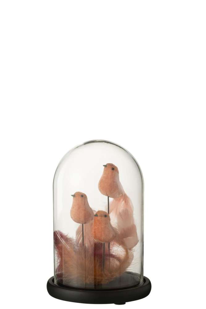 BELL JAR 3 BIRDS+FEATHERS GLASS PINK/BORDEAUX