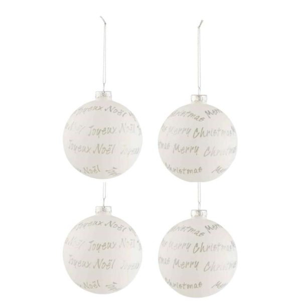 BOX OF 4 CHRISTMAS BAUBLES XMAS/NOEL GLASS WHITE/SILVER MEDIUM