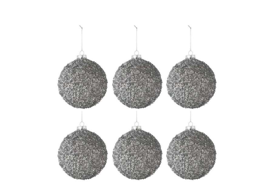 BOX OF 6 CHRISTMAS BAUBLES GLITTER GLASS SMOKEY GREY SMALL