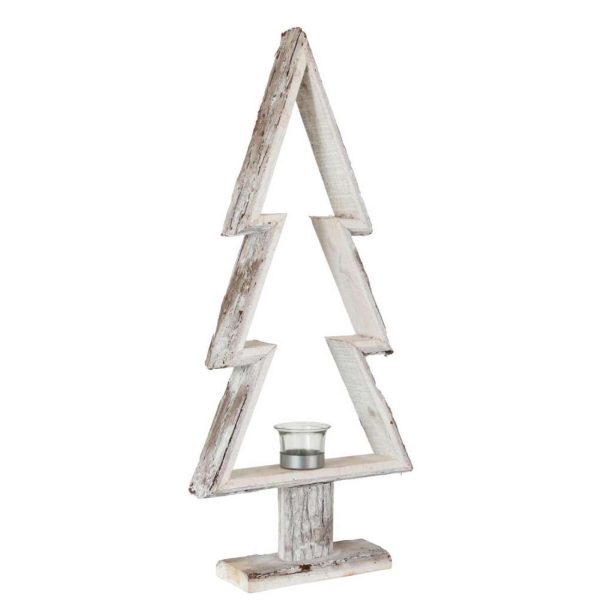 TEALIGHT HOLDER CHRISTMAS TREE WOOD BROWN/WHITE LARGE