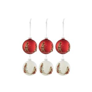 BOX OF 6 CHRISTMAS BAUBLES CHRISTMAS TREES GLITTERS GLASS WHITE/RED SMALL