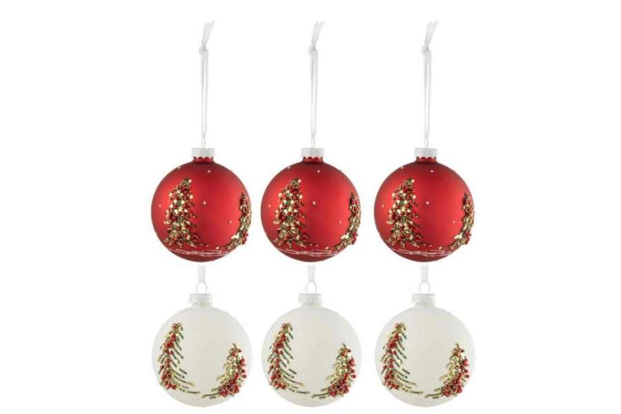 BOX OF 6 CHRISTMAS BAUBLES CHRISTMAS TREES GLITTERS GLASS WHITE/RED SMALL