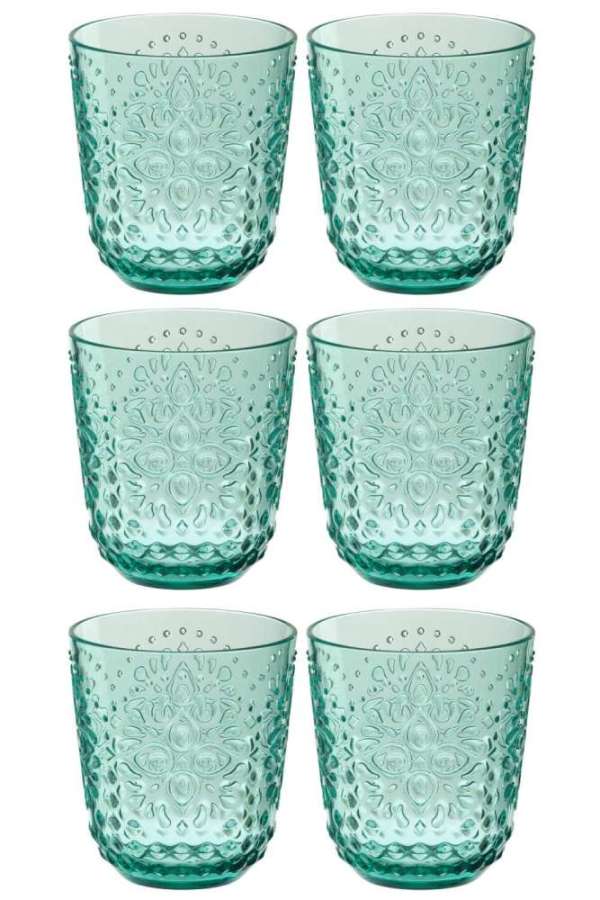 BOX OF 6 DRINK GLASS PLASTIC AQUA BLUE