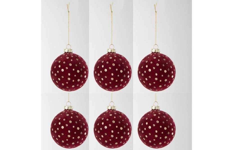 BOX OF 6 CHRISTMAS BAUBLE DOTS VELVET BORDEAUX/GOLD