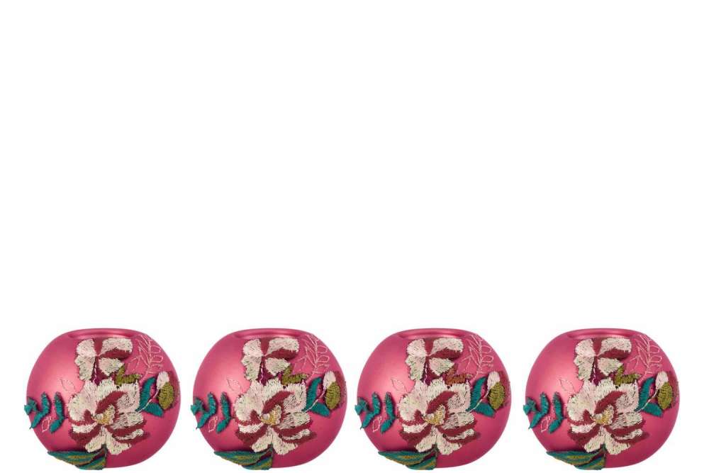 BOX OF 4 TEALIGHT HOLDERS EMBROIDERED FLOWER GLASS BURGUNDY/MIX