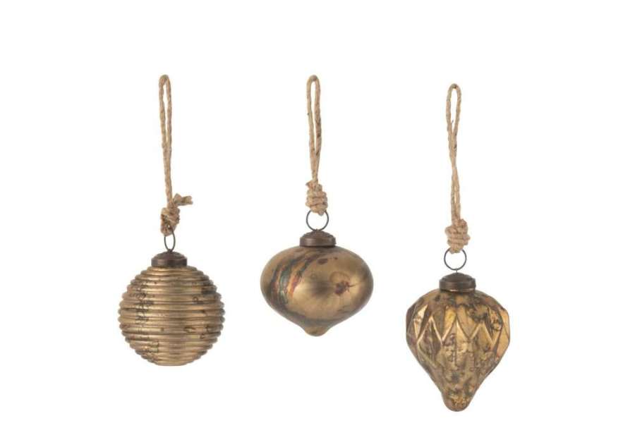 XMAS BAUBLE OXIDISED GLASS ANTIQUE GOLD SMALL ASSORTMENT OF 3