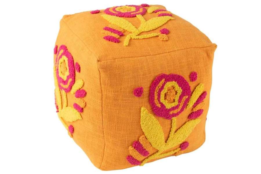 POUF SQUARE FLOWER COTTON ORANGE/PINK/YELLOW
