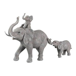 ELEPHANT STANDING WITH CHILD ON BACK POLYRESIN GREY
