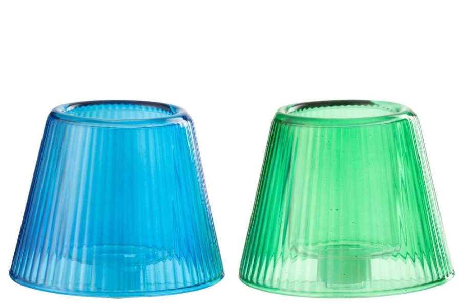 TEALIGHT HOLDER HAT GLASS BLUE/GREEN ASSORTMENT OF 2