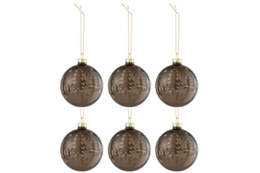 BOX OF 6 CHRISTMAS BAUBLES CHRISTMAS TREES BROWN GLASS BROWN SMALL
