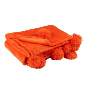 PLAID POMPOM POLYESTER BRIGHT ORANGE