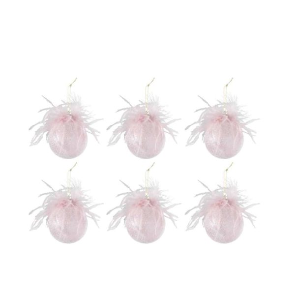 BOX OF 6 CHRISTMAS BAUBLES FEATHERS GLASS MATT PINK SMALL