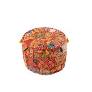 POUF ROUND PATTERNS+TASSELS COTTON RED