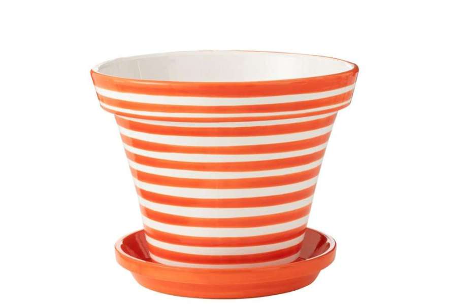 FLOWERPOT+PLATE GRANADA STRIPES HANDMADE/HANDPAINTED CERAMIC ORANGE/WHITE EXTRA LARGE