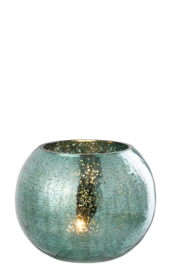 TEALIGHT HOLDER BALL CRAQUELURE GLASS WATER GREEN LARGE