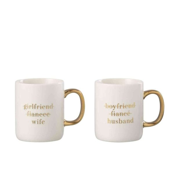 MUG MESSAGE MARIAGE ENGLISH PORCELAIN WHITE / GOLD ASSORTMENT OF 2