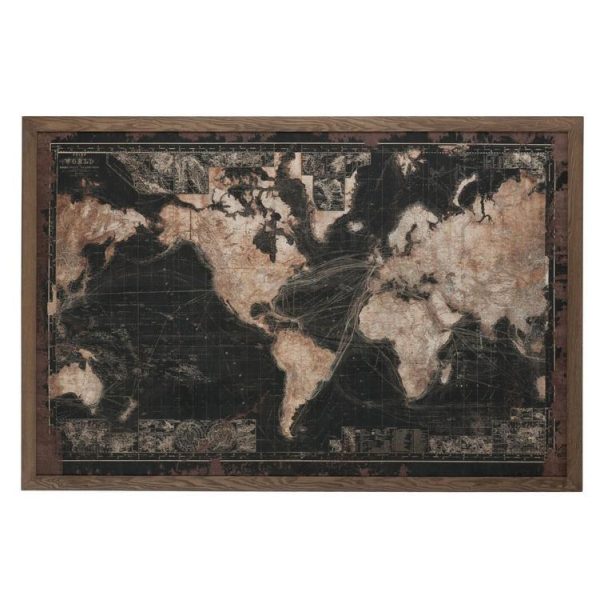 FRAME LED BATTERIES MAP WORLD WOOD/CANVAS BLACK/BROWN