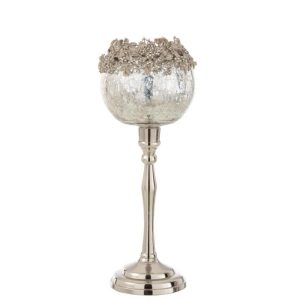 TEALIGHT HOLDER ON FOOT JEWEL METAL/ALUMINIUM/GLASS SILVER LARGE