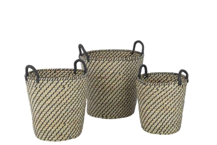 SET OF 3 BASKET ROUND HANDLES STRAW NATURAL/BLACK