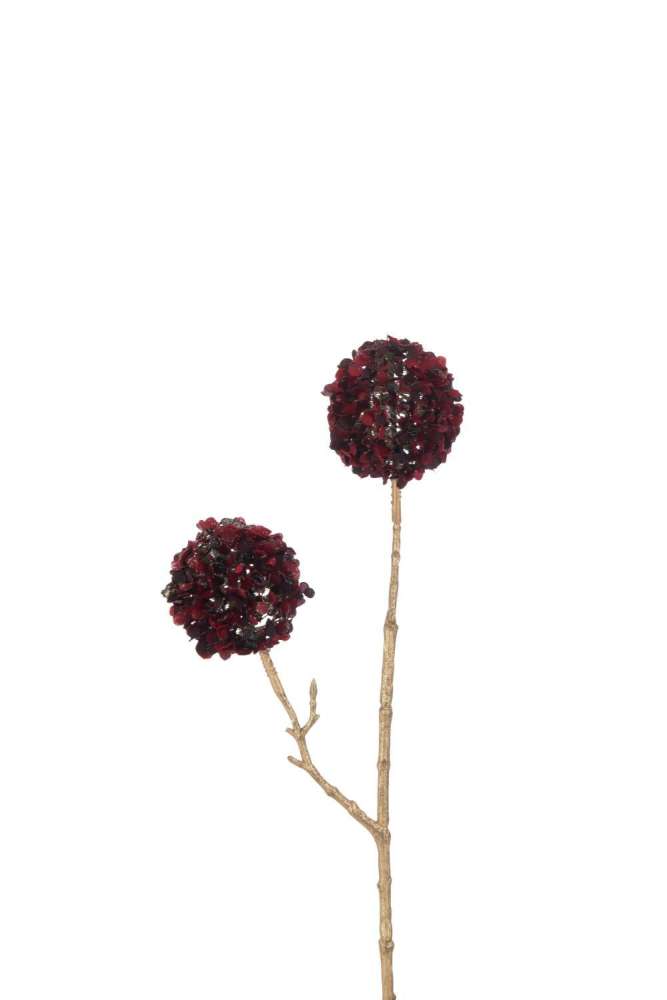 BRANCH 2 FLOWERS POMPOMS PLASTIC RED/GOLD SMALL