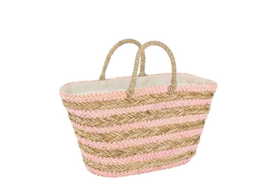 BEACH BAG SHORT HANDLES HORIZONTAL STRIPES JUTE NATURAL/LIGHT PINK