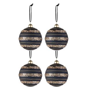 BOX OF 4 CHRISTMAS BAUBLES SEQUINS GLASS MATT BLACK/GOLD MEDIUM