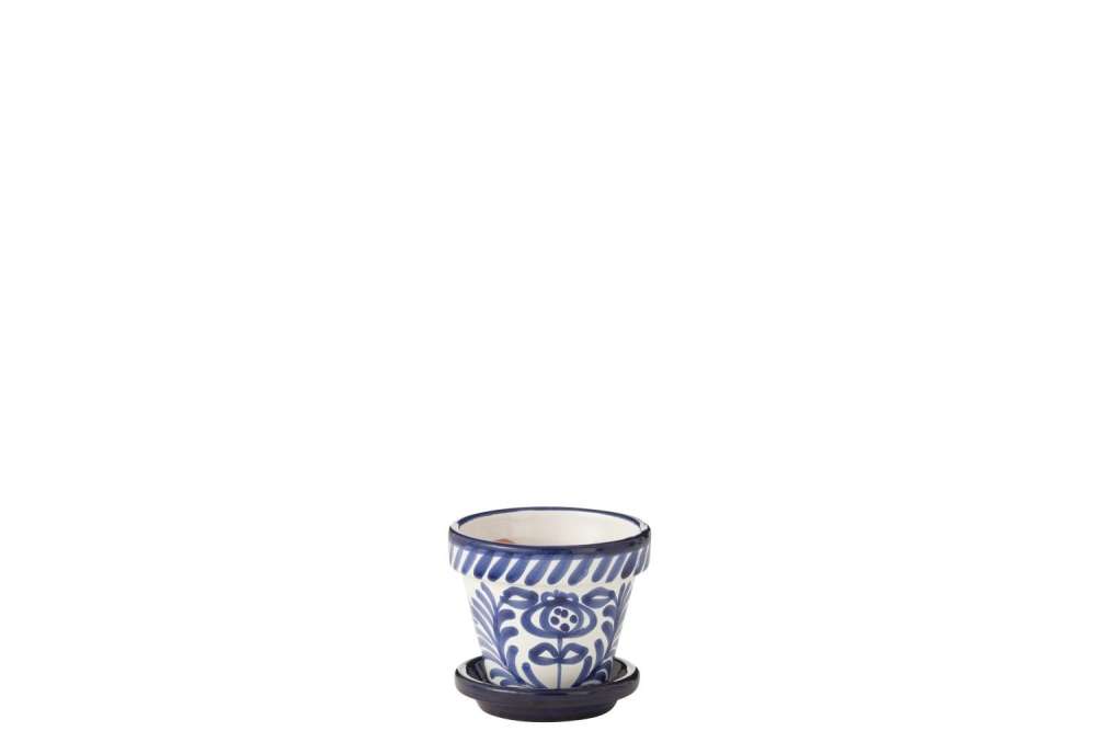 FLOWERPOT+PLATE GRANADA HANDMADE/HANDPAINTED CERAMIC COBALTO BLUE/WHITE EXTRA SMALL