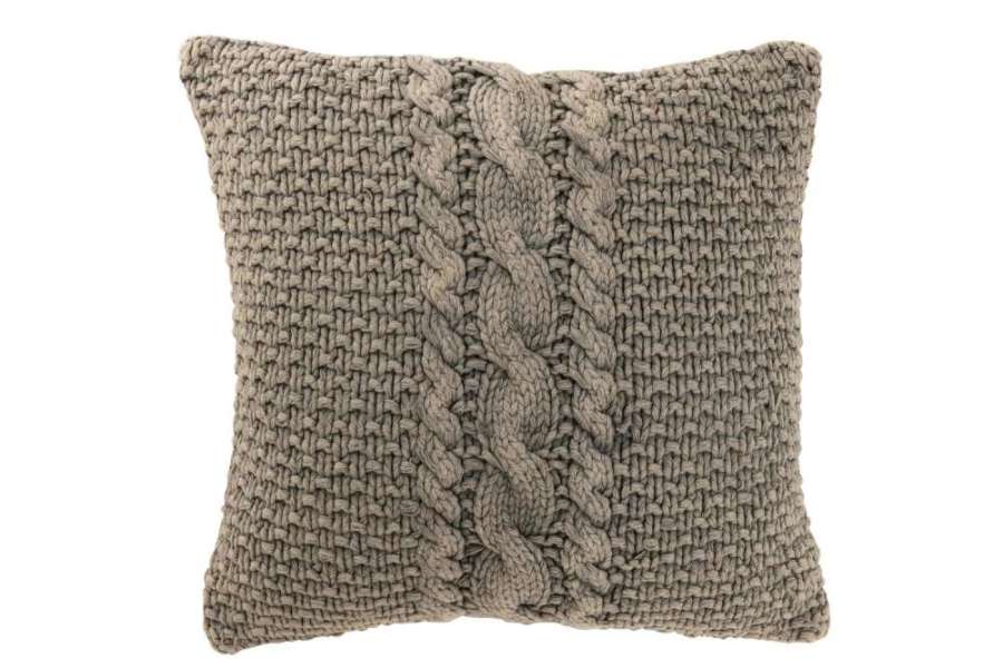 CUSHION KNITTED+BRAID COTTON WASHED GREY