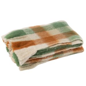 PLAID CHECKERED+FRINGES ACRYLIC WHITE/GREEN/BROWN