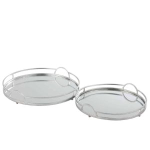 SET OF 2 TRAY ROUND MIRROR IRON SILVER
