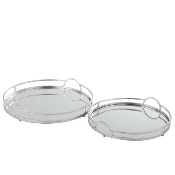 SET OF 2 TRAY ROUND MIRROR IRON SILVER