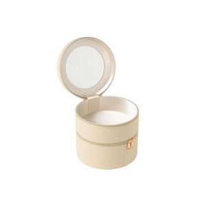 COSMETIC BOX ROUND+MIRROR ARTIFICIAL LEATHER BEIGE
