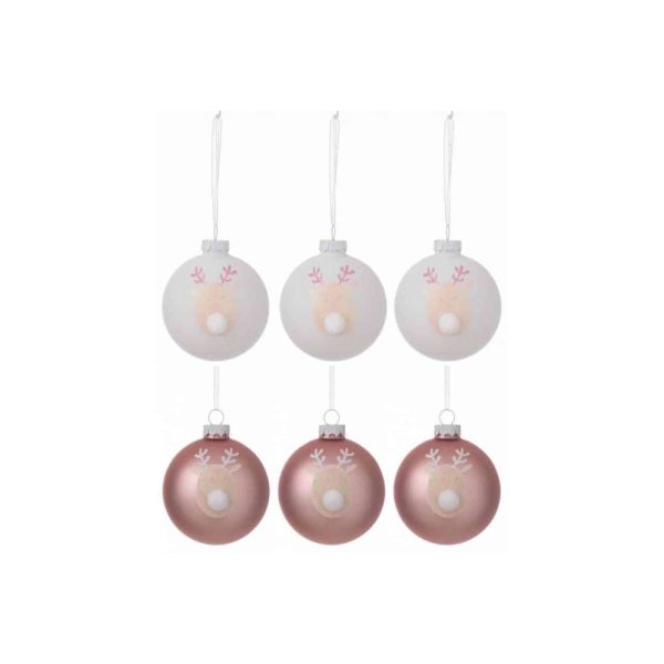 BOX OF 6 CHRISTMAS BAUBLES 3+3 REINDEER GLASS LIGHT PINK/WHITE SMALL