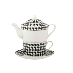 BOX OF 1 TEAPOT PIED-DE-POULE PORCELAIN WHITE/BLACK