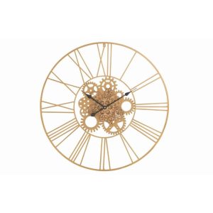 CLOCK ROUND ROMAN NUMERALS GEARS METAL GOLD