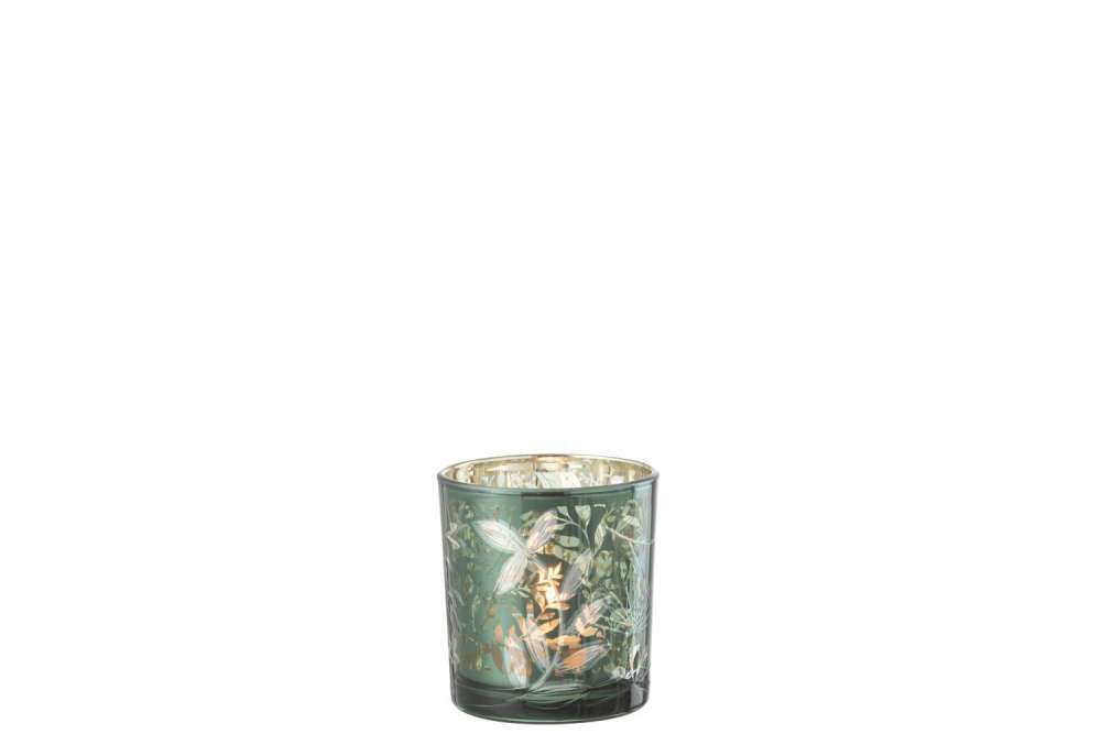 TEALICHT HOLDER LEAVES GLASS GREEN/ANTIQUE GOLD SMALL