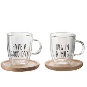 MUG ON BASE TEXT GLASS/WOOD TRANSPARENT/BLACK/NATURAL ASSORTMENT OF 2