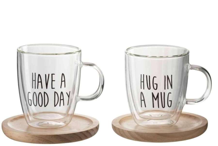 MUG ON BASE TEXT GLASS/WOOD TRANSPARENT/BLACK/NATURAL ASSORTMENT OF 2