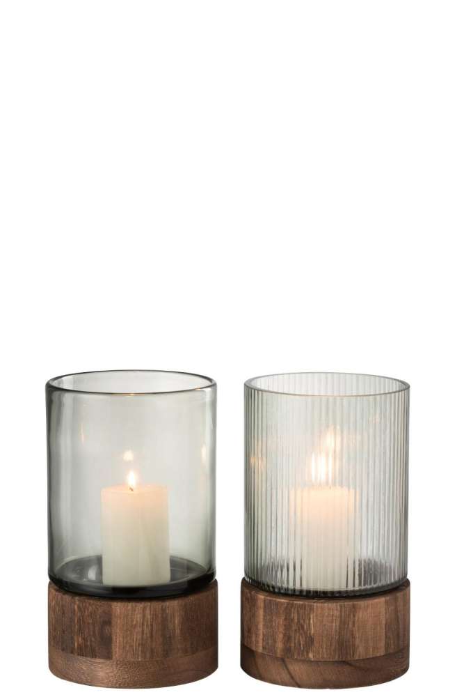 CANDLEHOLDER/VASE RAY GLASS/WILLOW WOOD GREY/NATURAL SMALL ASSORTMENT OF 2