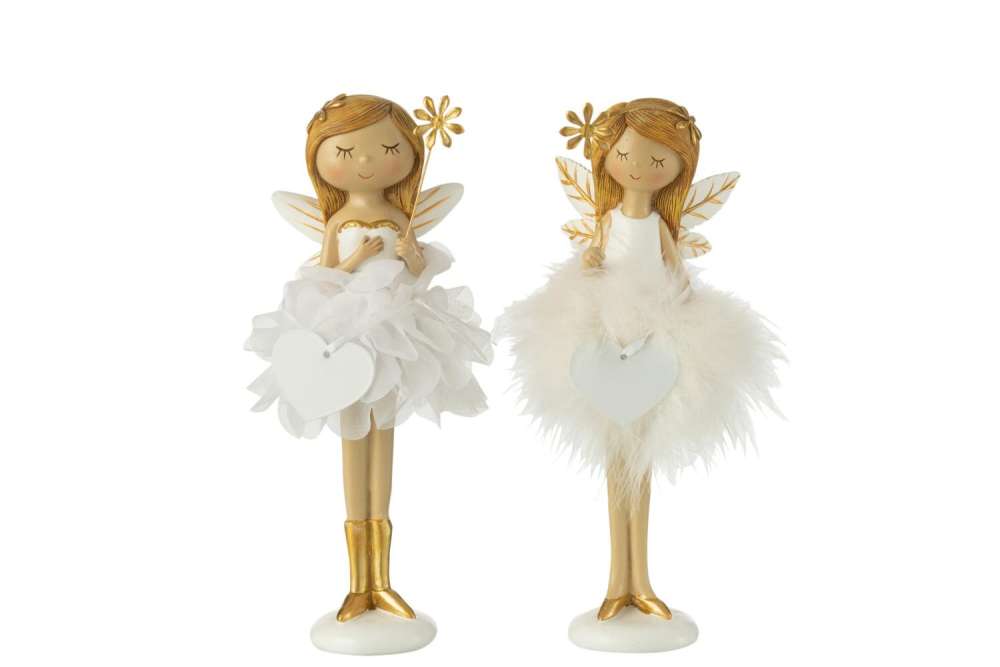 FAIRY FLOWER+HEART RESIN WHITE/GOLD LARGE ASSORTMENT OF 2