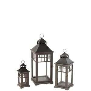 SET OF 3 LANTERNS SPRUCE WOOD BLACK