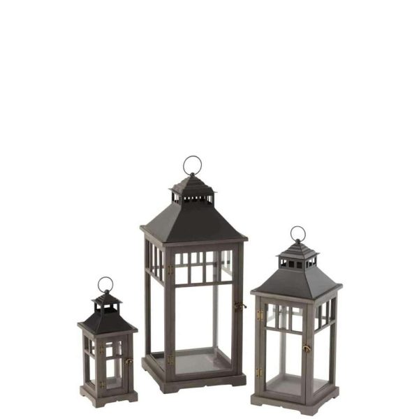 SET OF 3 LANTERNS SPRUCE WOOD BLACK