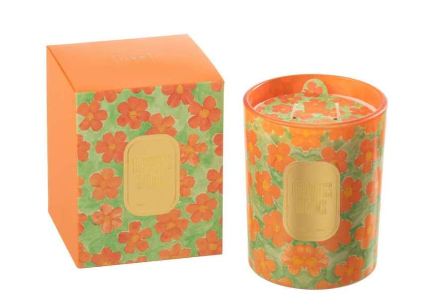 SCENTED CANDLE FLOWERS ORANGE/GREEN LARGE-70 HOURS