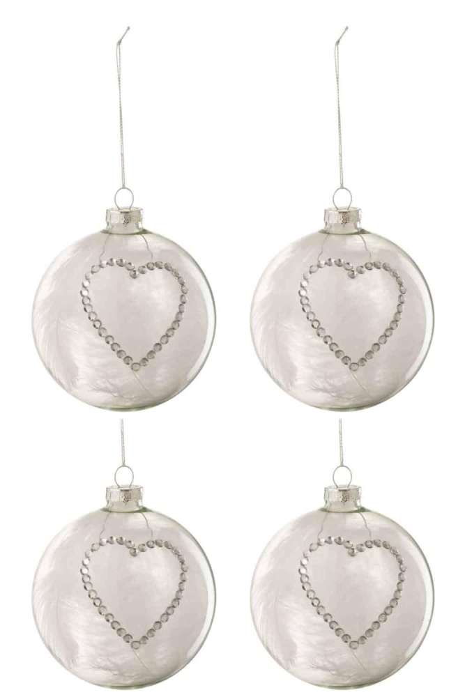 BOX OF 4 CHRISTMAS BAUBLES HEART STRASS SILVER FEATHER WHITE GLASS CLEAR MEDIUM