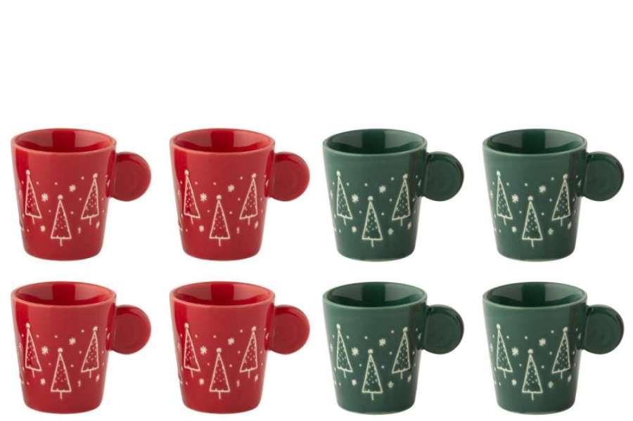 BOX OF 4 COFFEE CUP CHRISTMAS CERAMIC CHRISTMAS RED/DARK GREEN ASSORTMENT OF 2