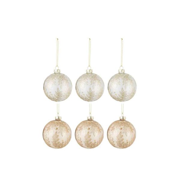 BOX OF 6 CHRISTMAS BAUBLES 3+3 LEAVES GLASS TRANSPARENT BEIGE/GOLD SMALL