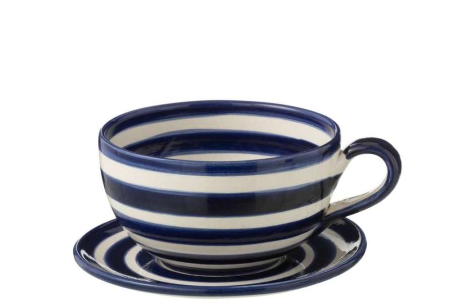 CUP+PLATE GRANADA STRIPES CERAMIC WHITE/COBALTO BLUE