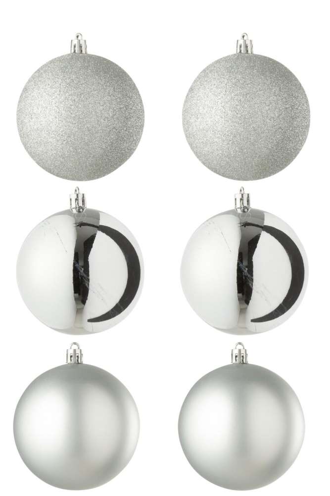 BOX OF 6 CHRISTMAS BAUBLE PLASTIC SILVER COLORED