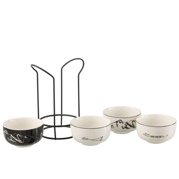 BOX OF 4 BOWL+MEATAL RACK WINDOWBOX CERANMICS BLACK/WHITE