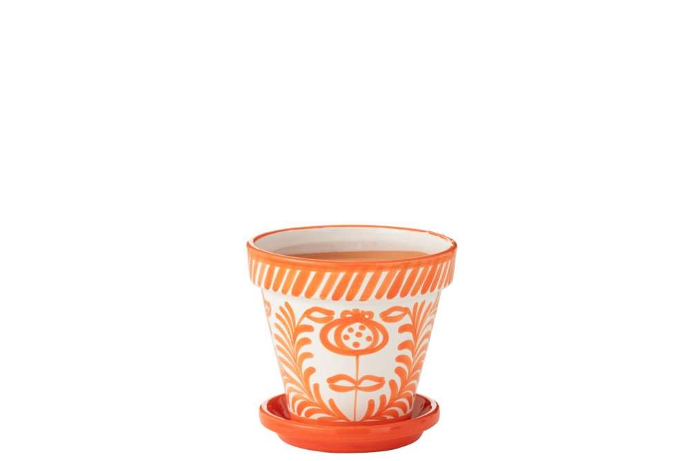FLOWERPOT+PLATE GRANADA HANDMADE/HANDPAINTED CERAMIC ORANGE/WHITE MEDIUM